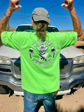 Load image into Gallery viewer, Neon Green Wolverines Tee, No Kooks, No Commies Beach Club Jolly Roger design.
