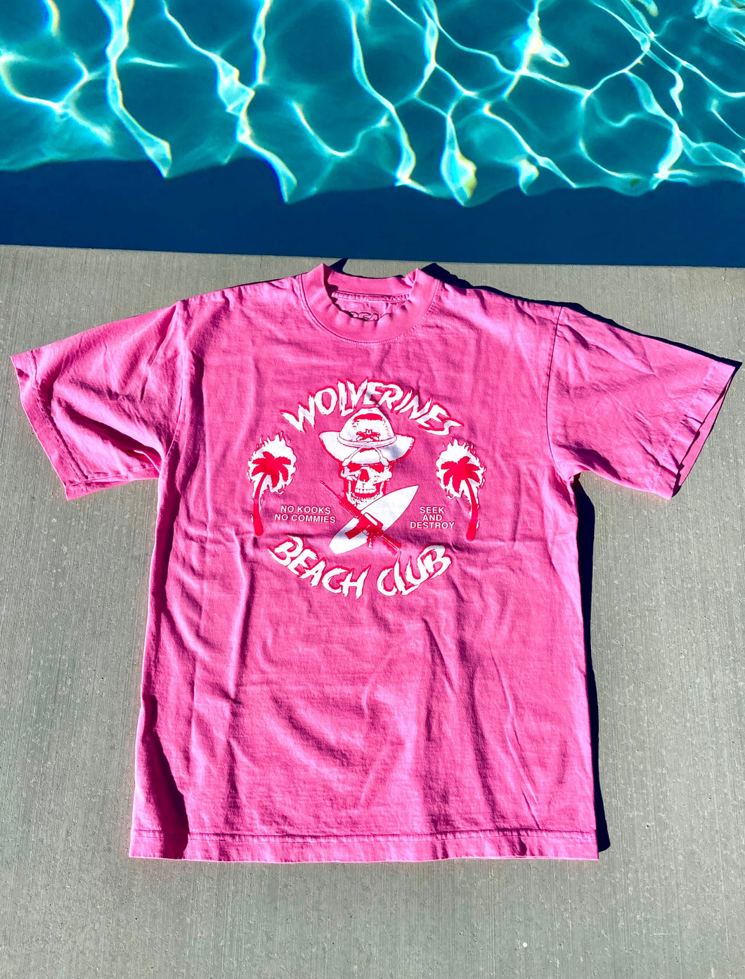 Neon Pink Front Hit Tee, with large front Screened No Kooks, No Commies Beach Club Jolly Roger design.