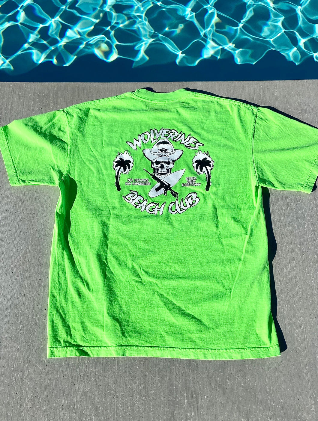 Neon Green Wolverines Tee, No Kooks, No Commies Beach Club Jolly Roger design.