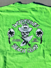 Load image into Gallery viewer, Neon Green Wolverines Tee, No Kooks, No Commies Beach Club Jolly Roger design.
