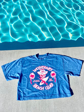 Load image into Gallery viewer, Lady&#39;s Poolside Sexy, Crop Top Wolverines Tee, in Blue.
