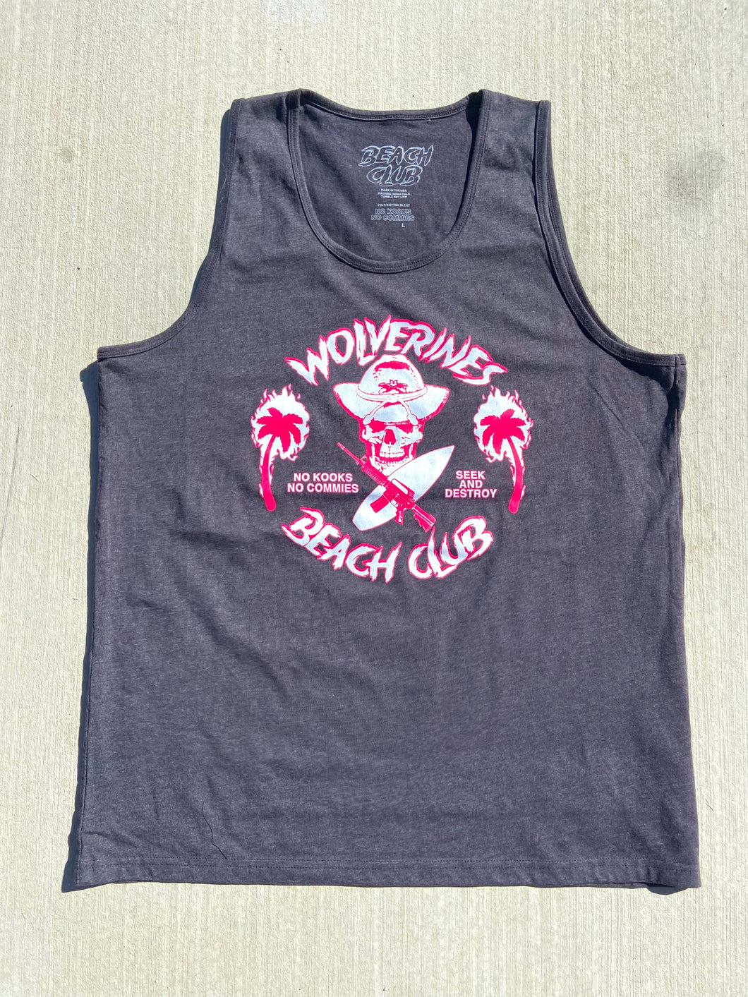 Grey Wolverines Tank Top, No Kooks, No Commies Beach Club Jolly Roger design.