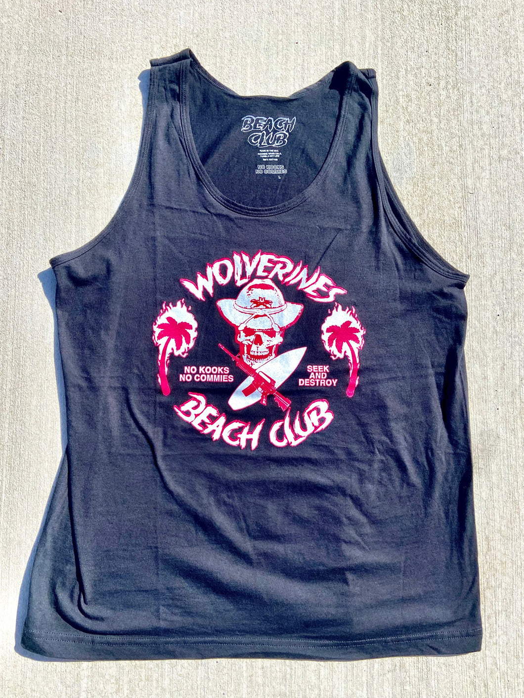 Black Wolverines Tank Top, No Kooks, No Commies Beach Club Jolly Roger design.