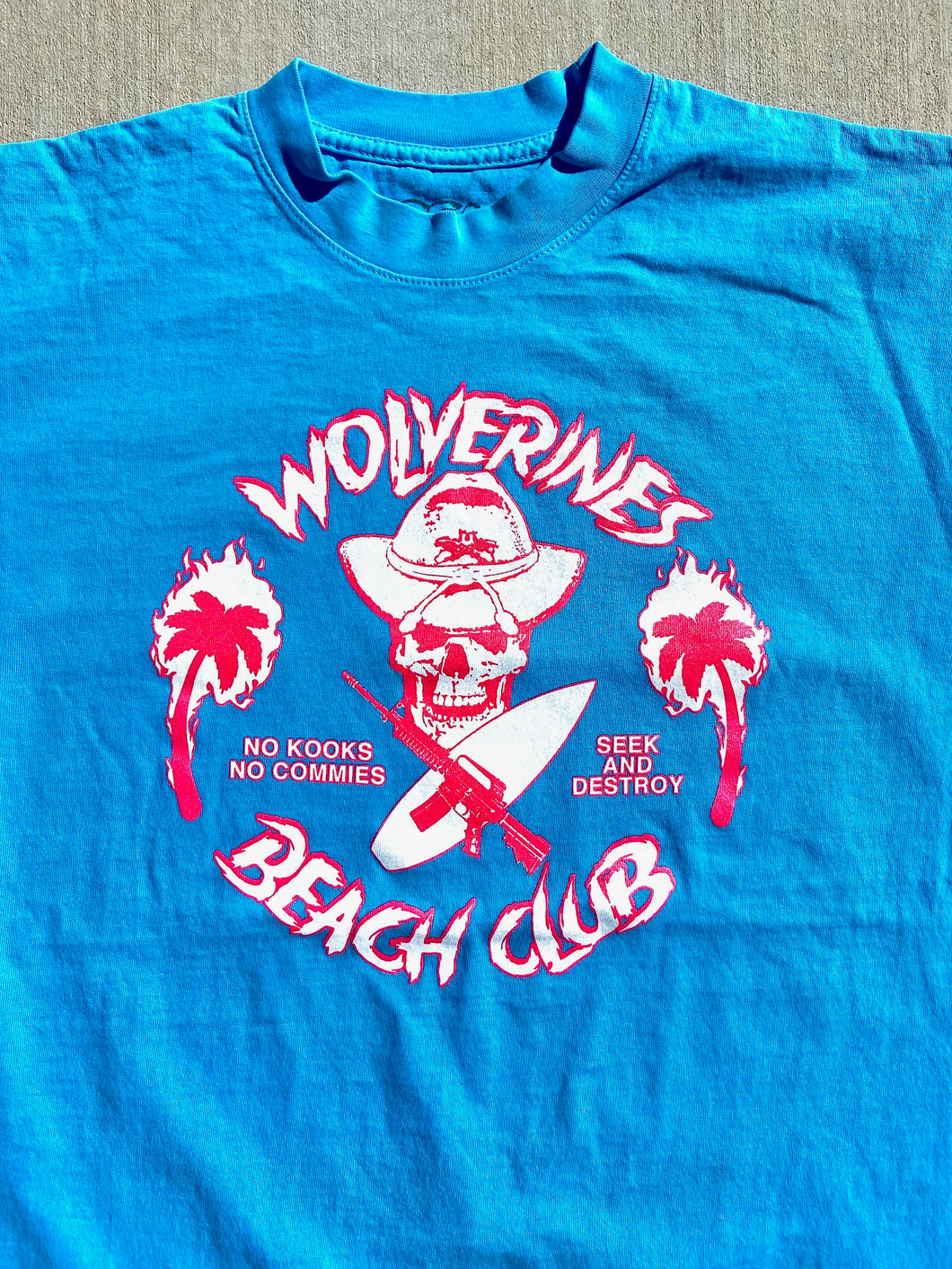 Bright Blue Tee, with large front screened No Kooks, No Commies Beach Club Jolly Roger design.