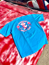 Load image into Gallery viewer, Bright Blue Wolverines Tee, No Kooks, No Commies Beach Club Jolly Roger design.
