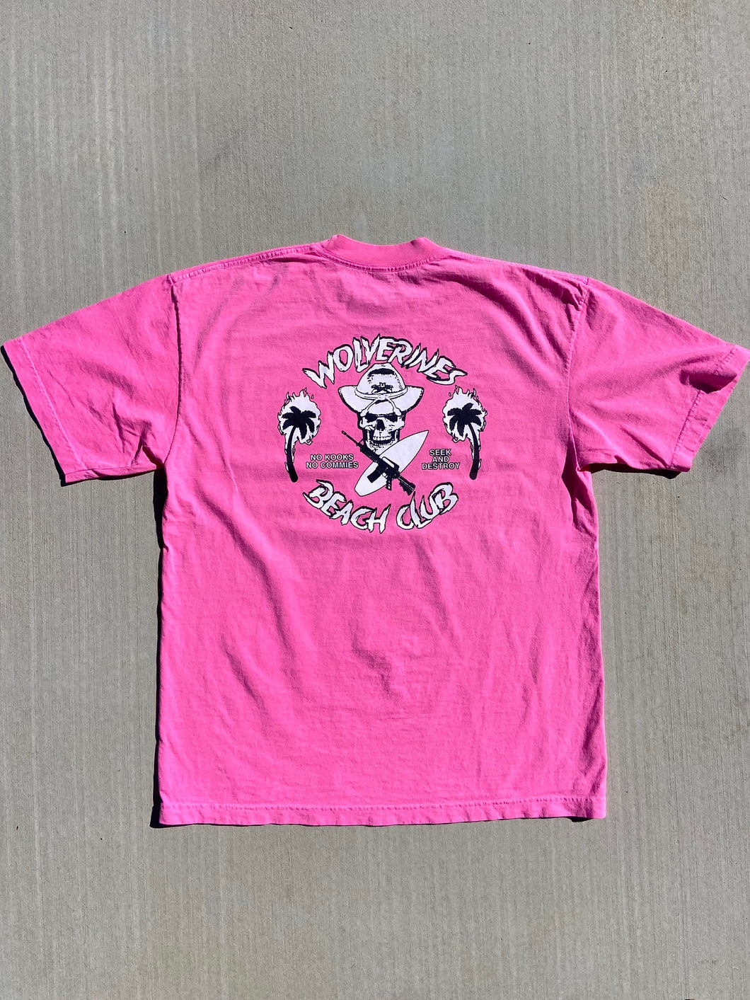 Neon Pink Tee, No Kooks, No Commies Beach Club Jolly Roger design.