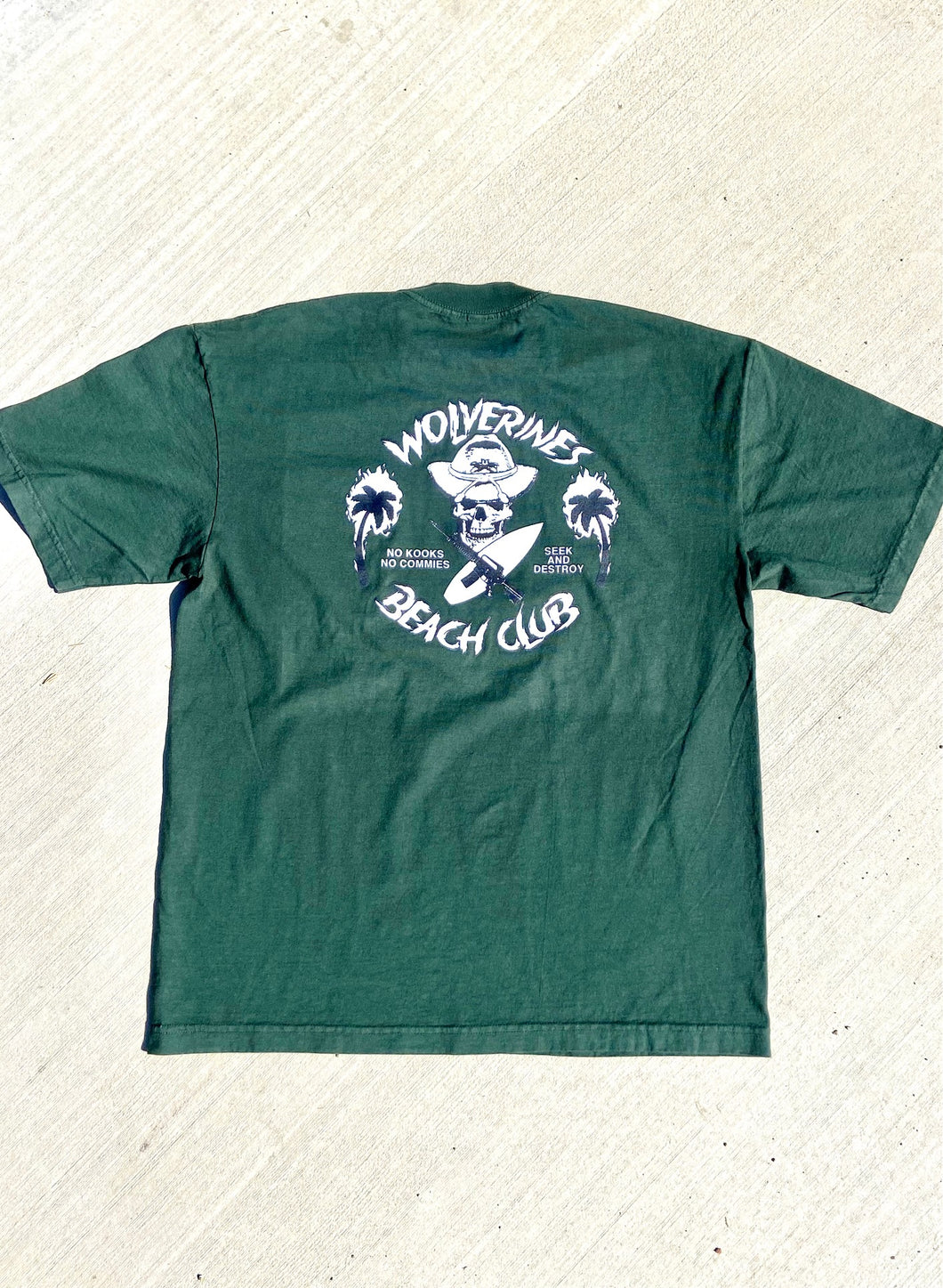 Dark Green Wolverines Tee, No Kooks, No Commies Beach Club Jolly Roger design.