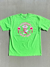 Load image into Gallery viewer, Neon Lime Green Front Hit Tee, with large front Screened No Kooks, No Commies Beach Club Jolly Roger design.
