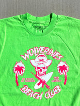 Load image into Gallery viewer, Neon Lime Green Front Hit Tee, with large front Screened No Kooks, No Commies Beach Club Jolly Roger design.
