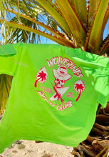 Load image into Gallery viewer, Neon Lime Green Front Hit Tee, with large front Screened No Kooks, No Commies Beach Club Jolly Roger design.
