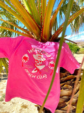 Load image into Gallery viewer, Neon Pink Front Hit Tee, with large front Screened No Kooks, No Commies Beach Club Jolly Roger design.
