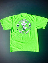 Load image into Gallery viewer, Neon Green Wolverines Tee, No Kooks, No Commies Beach Club Jolly Roger design.
