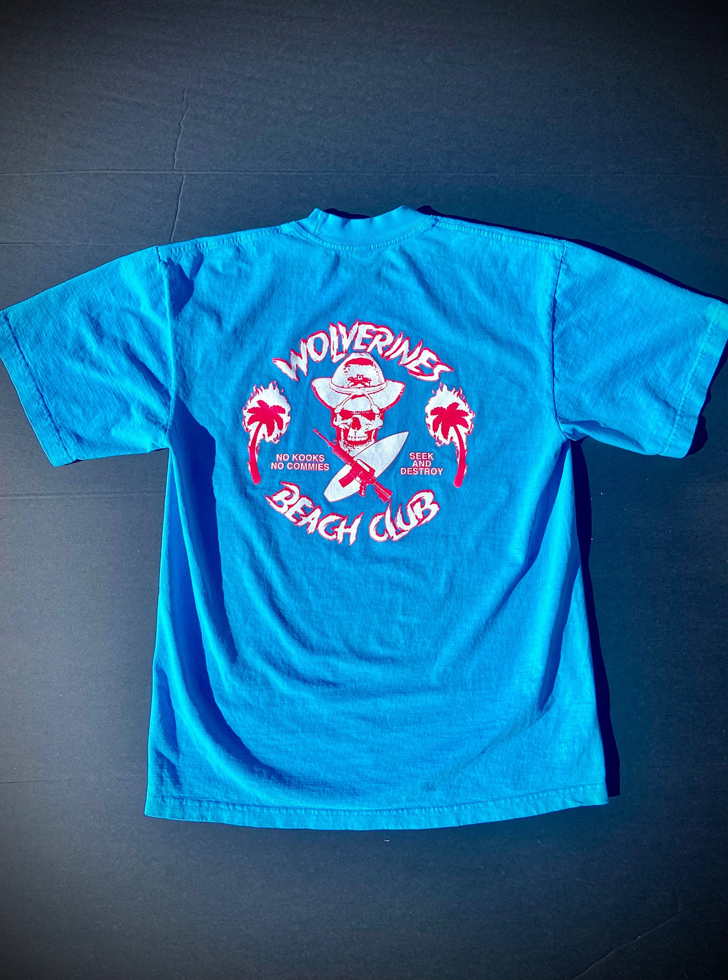 Bright Blue Wolverines Tee, No Kooks, No Commies Beach Club Jolly Roger design.