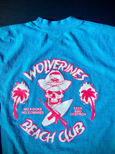 Load image into Gallery viewer, Bright Blue Wolverines Tee, No Kooks, No Commies Beach Club Jolly Roger design.
